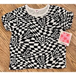 Electric Pink Womens Wavy Checkerboard Butterfly Graphic Tee Shirt Black White